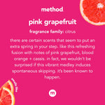 Bright pink card reading 'method pink grapefruit' with a description of the citrus fragrance
