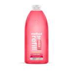 Tall clear plastic bottle of method pink grapefruit all-purpose cleaner refill filled with pink liquid
