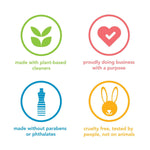 Four colorful circular icons showing plant-based cleaners, purpose-driven business, paraben-free bottle icon, and cruelty-free rabbit
