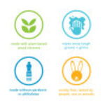 Four circular icon graphics showing plant-based, cleaning action, recyclable bottle and cruelty-free symbols in color