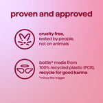 Pink gradient panel with icons and text noting cruelty free testing and bottle made from recycled plastic (PCR)