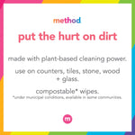 Square graphic with 'put the hurt on dirt' and text about plant-based cleaning, Method branding