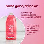 Method pink grapefruit refill bottle on a marble surface with text claiming it cuts grease, leaves no residue and shines