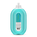 Rear view of a clear turquoise Method Squirt + Mop bottle showing ingredient and barcode label on the back