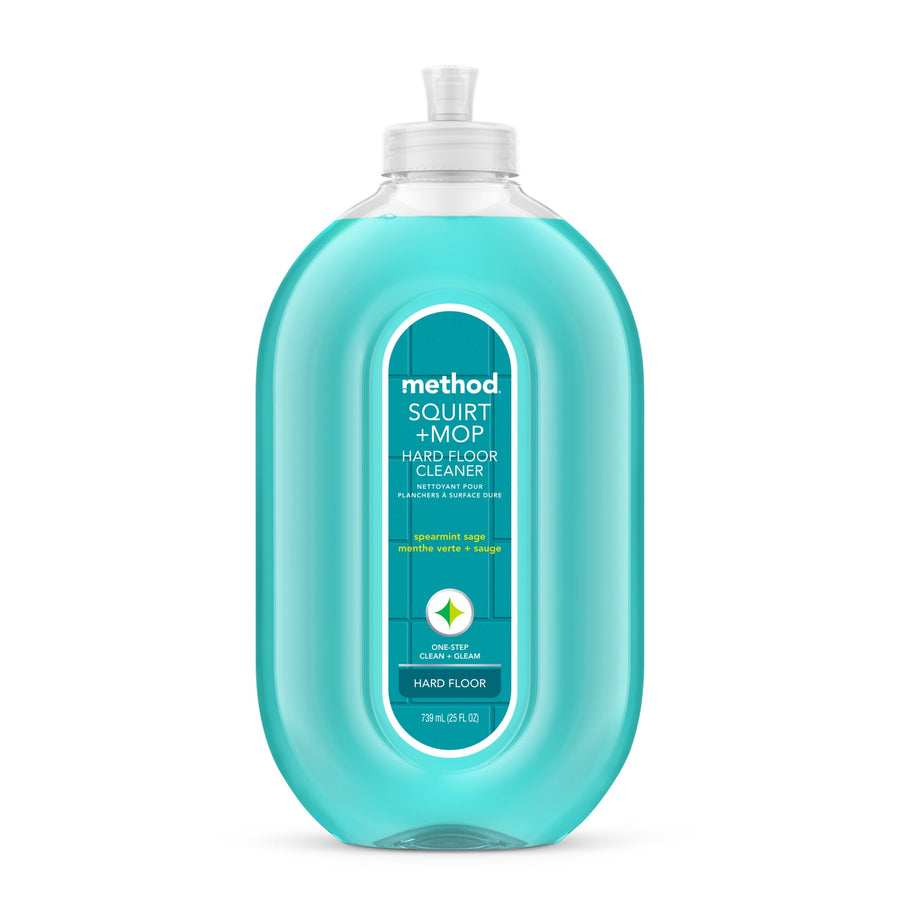 Clear turquoise Method Squirt + Mop bottle front with centered oval label and spearmint-scent branding
