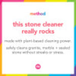 Square brand graphic stating ‘this stone cleaner really rocks’ with colorful border and small text