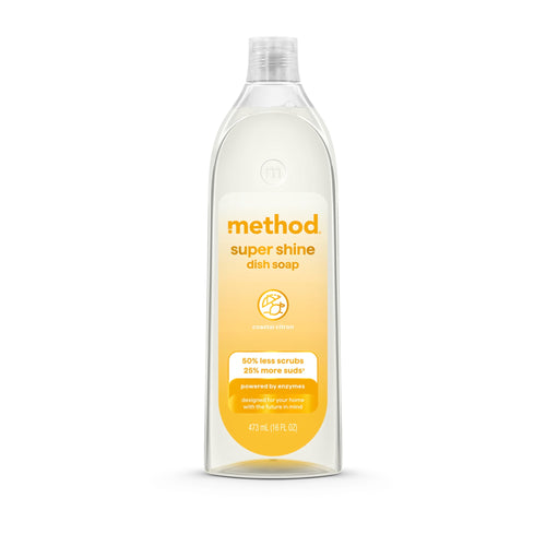 Clear Method Super Shine dish soap bottle with yellow label reading super shine, on white background