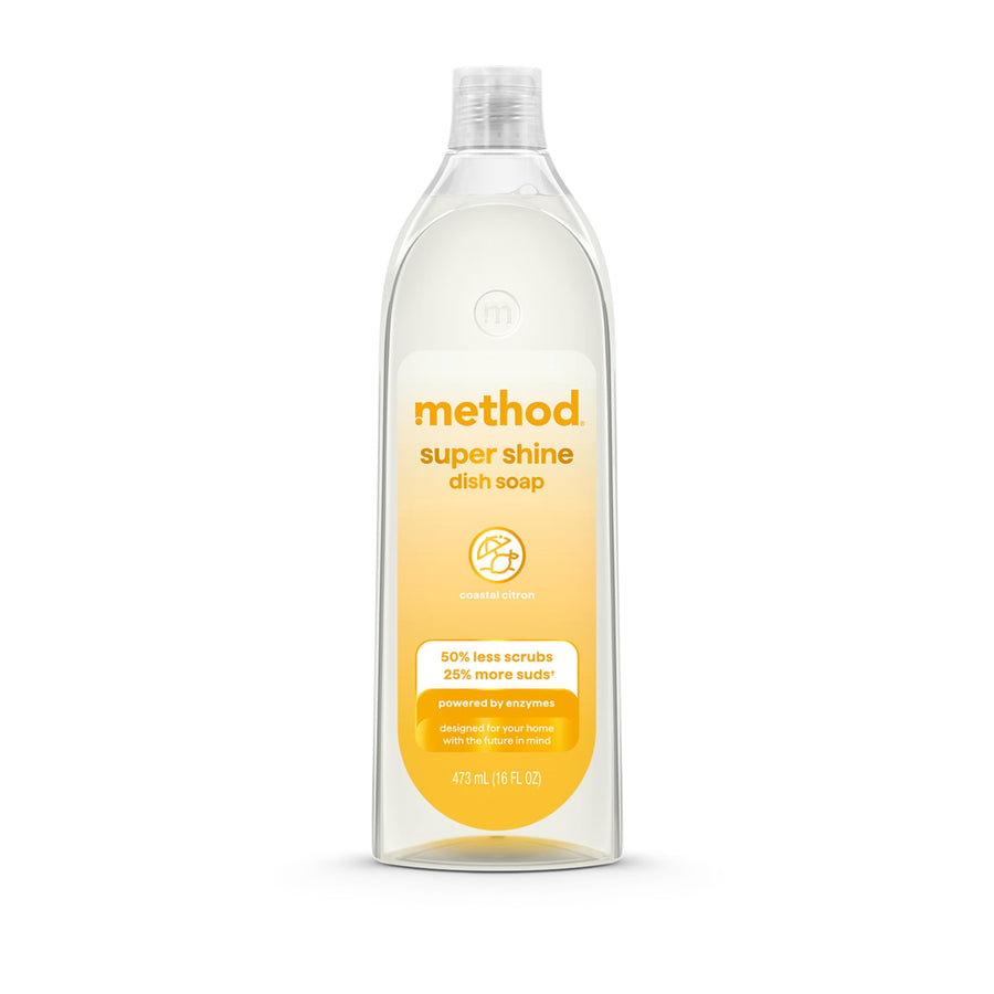 Clear Method Super Shine dish soap bottle with yellow label reading super shine, on white background