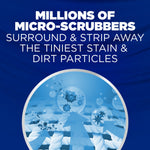 Blue infographic panel illustrating micro-scrubbers surrounding and lifting tiny stain and dirt particles with bold explanatory text