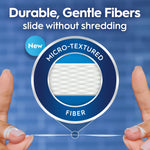 Macro product graphic showing micro-textured floss fiber detail and fingers stretching floss with text about durable gentle fibers