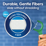 Graphic showing micro-textured fiber cross-section and a hand holding a green floss pick labeled 'durable, gentle fibers'