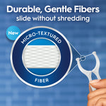 Graphic showing a magnified micro‑textured fiber circle and a hand holding a floss pick, with text about durable, gentle fibers.