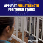 Close-up of person applying cleaner with sprayer on a white railing and text ‘Apply at full strength for tough stains’