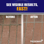 Before-and-after brick walkway comparison with bold header text ‘See visible results, fast!’ and Microban logo