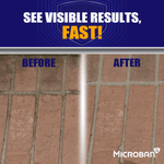 Before-and-after brick paver comparison with bold headline 'SEE VISIBLE RESULTS, FAST!' and Microban logo