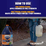 Usage instructions graphic with Microban gallon jug and person holding a pump sprayer demonstrating application