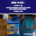 Instructional image with 'HOW TO USE' steps above a person holding the Microban hose-end bottle and nozzle