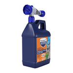 Angled view of a blue Microban Outdoor Surface Care foaming cleaner bottle with attached hose nozzle and orange label