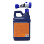 Rear view of a blue Microban hose-end cleaner bottle showing detailed orange product instructions and barcode