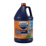 Blue one-gallon jug of Microban Outdoor Surface Care foaming cleaner with orange label and handle