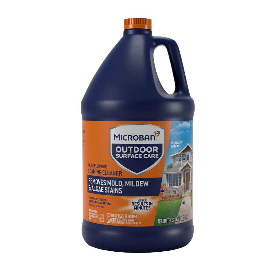 Blue one-gallon jug of Microban Outdoor Surface Care foaming cleaner with orange label and handle
