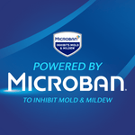 Blue Microban branded panel reading “Powered by Microban to inhibit mold & mildew” on a gradient background
