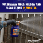 Photo of a gloved hand spraying a wooden fence with the Microban hose-end cleaner and text 'WASH AWAY MOLD, MILDEW AND ALGAE'