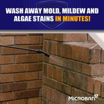 Sprayer nozzle washing mold and mildew from exterior brick with headline ‘Wash away mold, mildew and algae stains in minutes!’