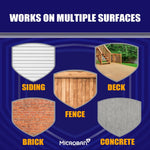 Graphic shields showing surfaces the cleaner works on: siding, deck, fence, brick and concrete with Microban logo