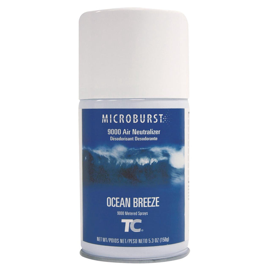 Microburst 9000 Ocean Breeze aerosol air neutralizer can with blue wave label and white cap.