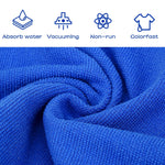 Close-up texture of a blue microfiber cloth with four icons above indicating absorbency, vacuuming, non-run and colorfast features.