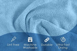 Close-up texture of a light blue microfiber cloth with icons and labels for lint free, machine washable and durable.