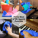 Collage of photos showing a blue microfiber cloth used to clean a phone, piano keys, car surface and countertop with central text about general purposes.