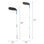 Two views of the extendable microfiber duster showing collapsed 45" and extended 77" lengths with measurements
