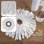 White twisted microfiber mop head on wood surface with inset close-ups and cleaning bottles nearby.
