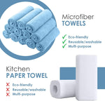 Graphic showing rolled light blue microfiber towels with checklist contrasting them to paper towels.