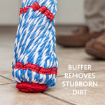 Close angled view of twisted microfiber mop strands buffing tile floor with text 'Buffer removes stubborn dirt'