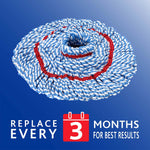 Top-down studio image of circular blue-and-white microfiber mop refill with red stitching and 'replace every 3 months' graphic