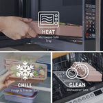 Three panels showing a blush pink container being microwaved, stored in freezer, and placed in a dishwasher with safety icons.