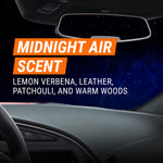 Car dashboard and rearview mirror with text overlay reading ‘Midnight Air Scent’ and scent notes on a starry night background