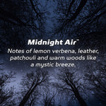 Dark nighttime treetop scene with text describing Midnight Air scent notes of lemon verbena, leather, patchouli and warm woods.
