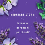 Purple floral ingredient panel reading 'MIDNIGHT STORM' with listed notes lavender, geranium, patchouli