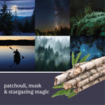 Fragrance-themed collage showing night sky, forest scenes and birch logs with text reading ‘patchouli, musk & stargazing magic’