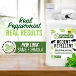 Partial jug of Mighty Mint Rodent Repellent on a wooden surface with text reading Real Peppermint, New look same formula
