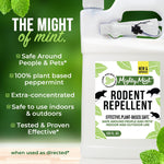 Close-up of Mighty Mint jug label with bullet points about plant based peppermint and safe for people and pets