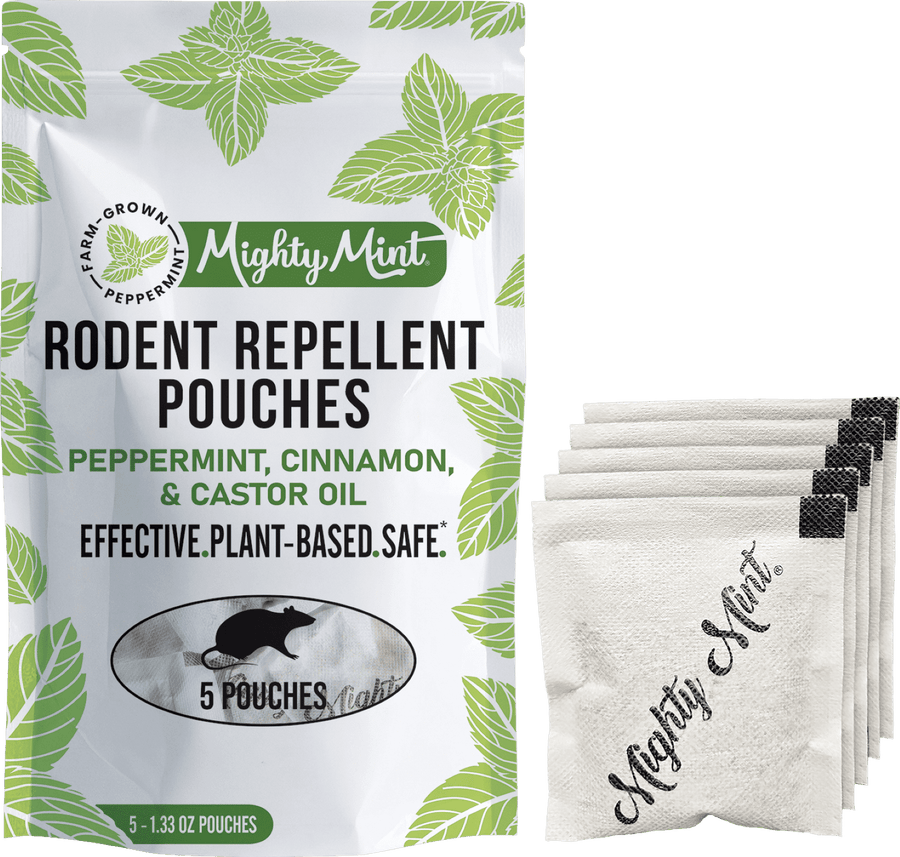 Mighty Mint branded pouch and five fabric-sachet repellent pouches displayed side by side