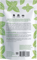 Back of a Mighty Mint rodent repellent pouch showing usage icons, directions and barcode
