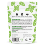 Back of Mighty Mint pouch showing directions, storage, precautionary statements and product branding