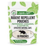 Front-facing Mighty Mint pouch labeled Rodent Repellent Pouches with peppermint leaf graphics and rat icon