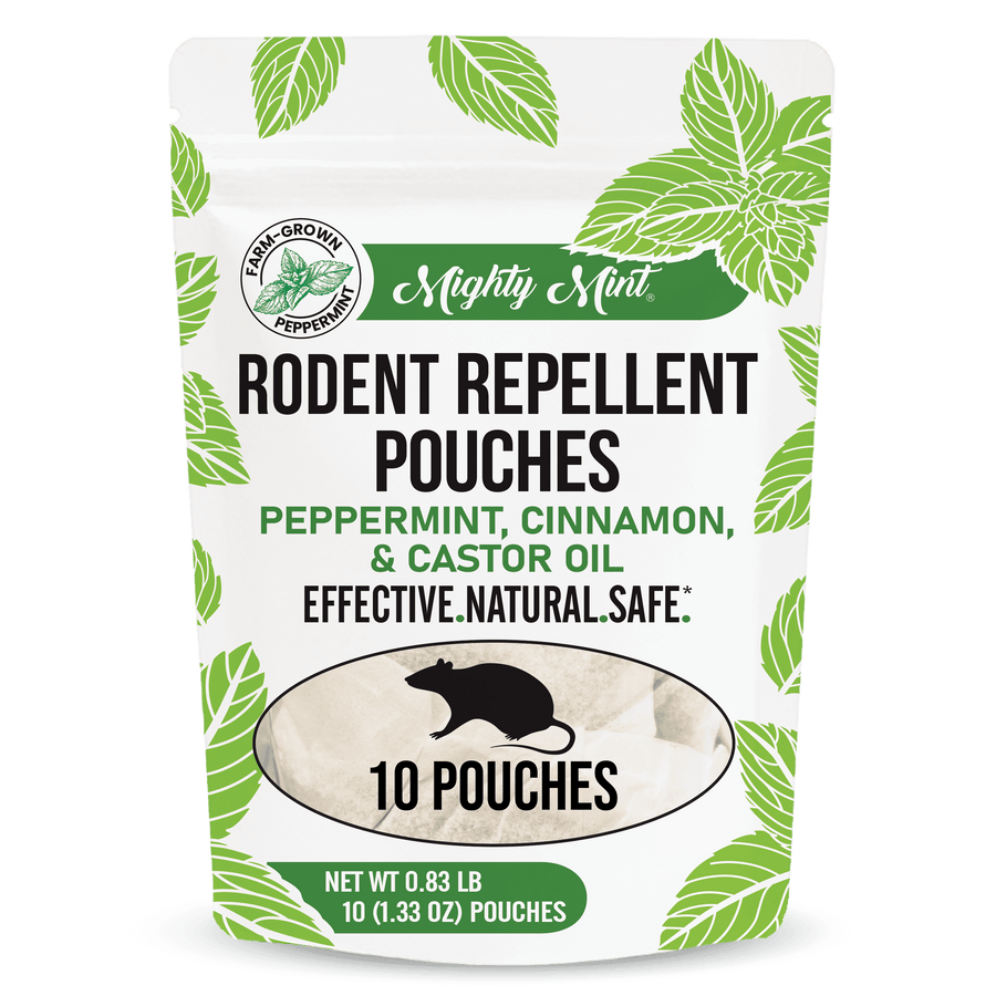 Front-facing Mighty Mint pouch labeled Rodent Repellent Pouches with peppermint leaf graphics and rat icon